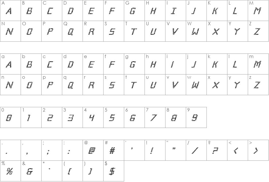 Broken Cyborg Bold Italic font character map preview