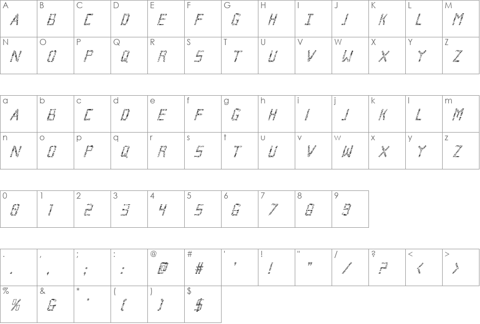 Broken Cyborg Condensed Italic font character map preview