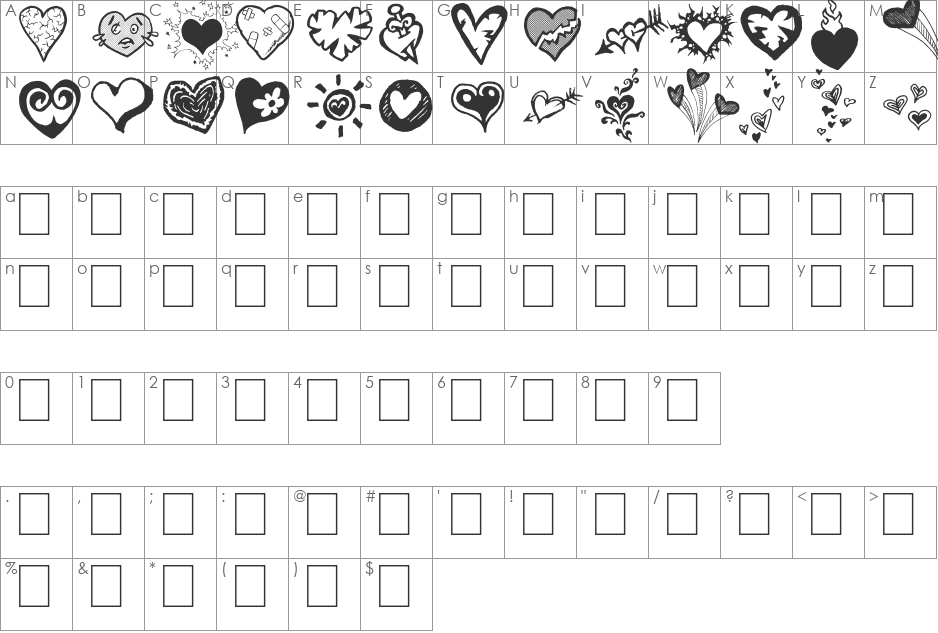 Broken Hearts font character map preview