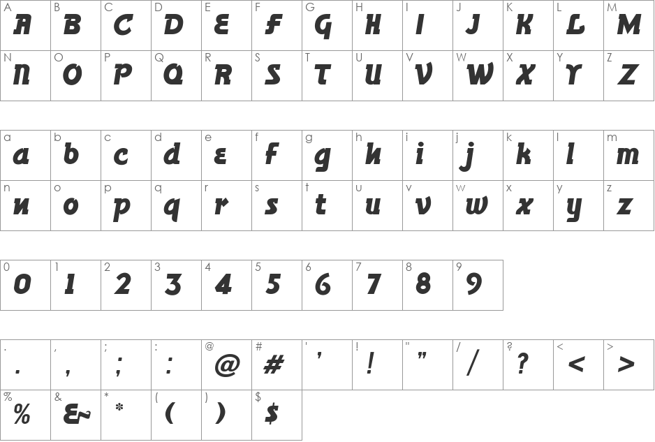 BronsonGothicJF font character map preview