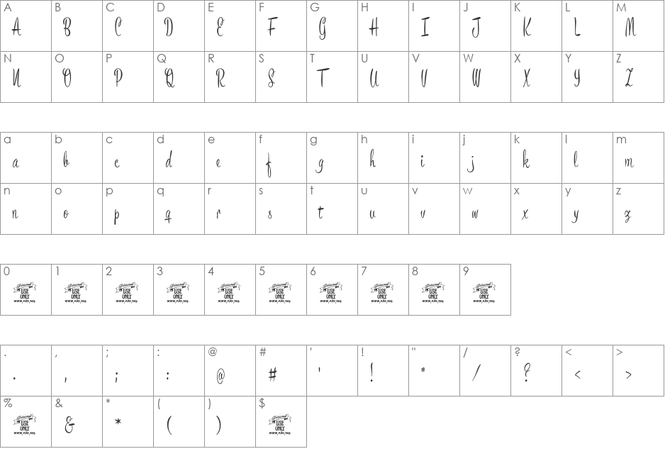 Bronze Script Personal Use font character map preview