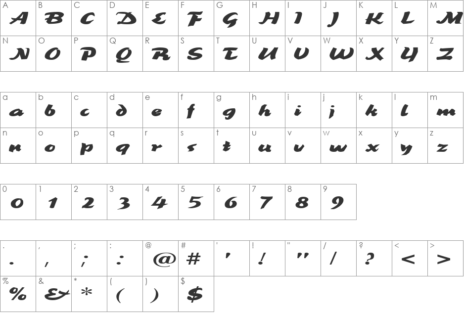 BrookscriptWide font character map preview
