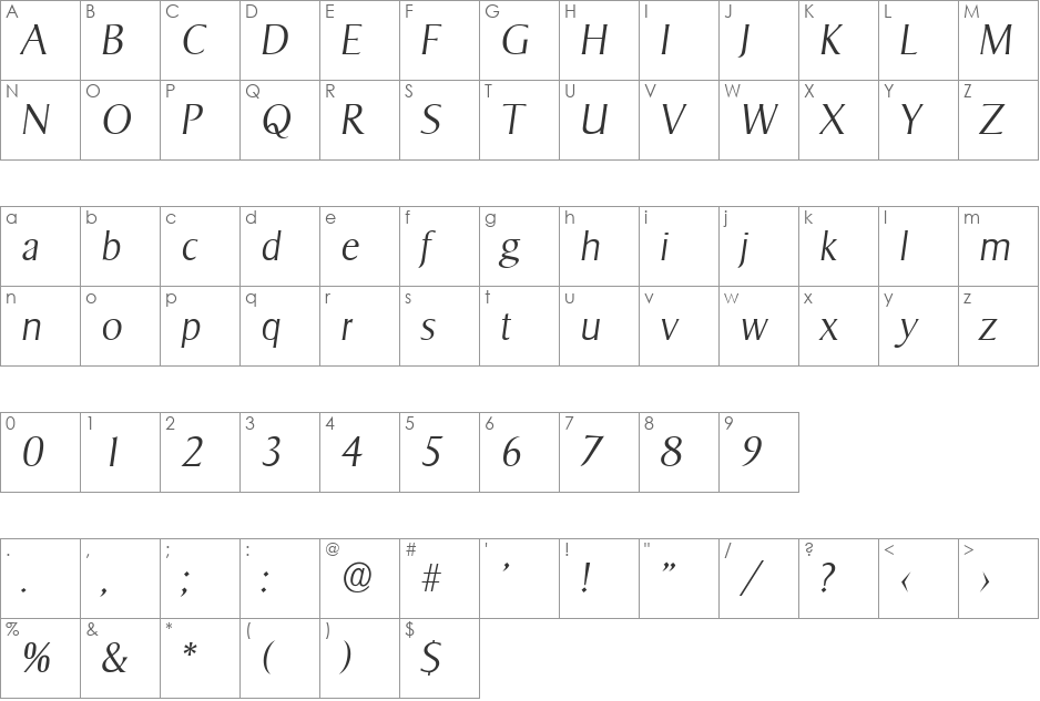 BruceBecker-ExtraLight font character map preview