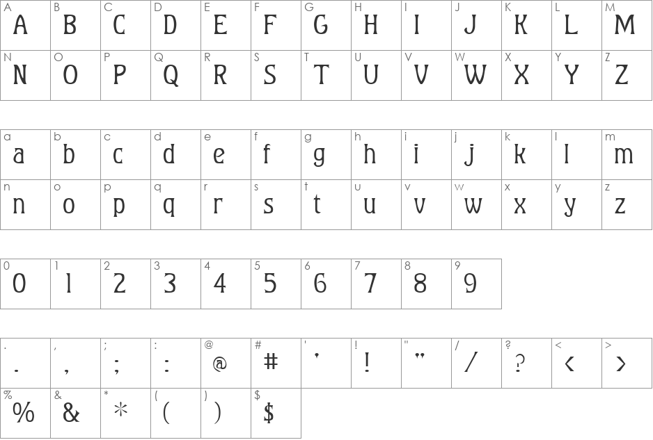 Brunhild font character map preview