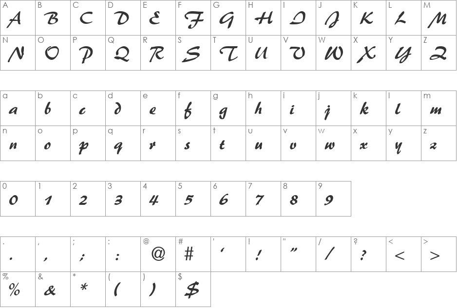 Brush Flash font character map preview
