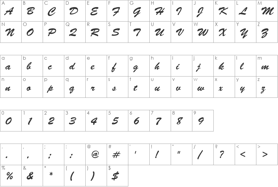 Brush-Script font character map preview