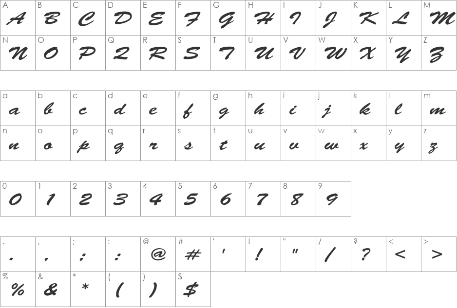 Brush-Script Wide font character map preview