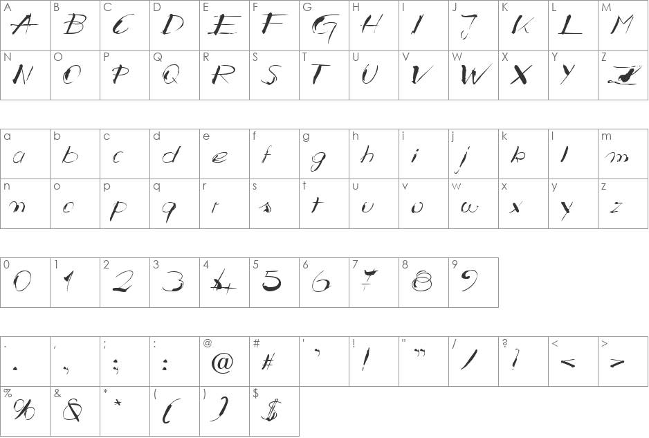 BrushedDiag Becker font character map preview