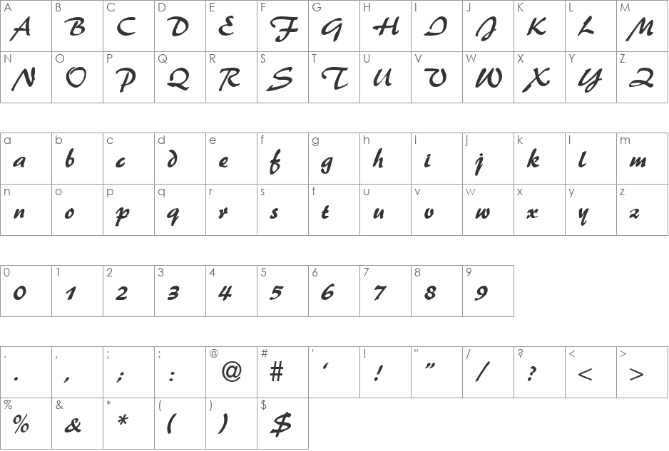 BrushFlash font character map preview