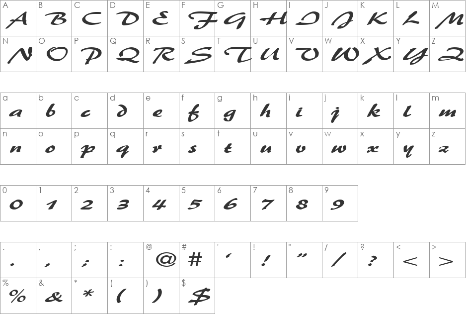 BrushFlashExpanded font character map preview
