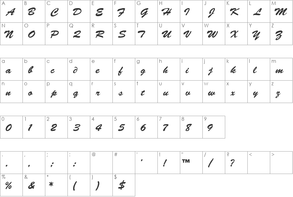 BrushScript font character map preview