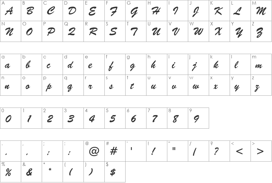 BrushScript BT font character map preview