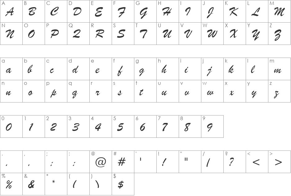 BrushScriptSW font character map preview