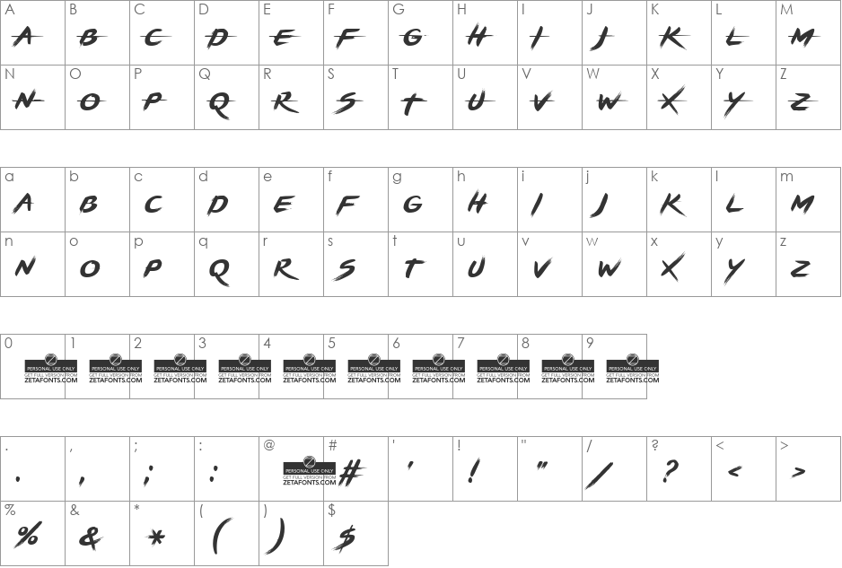 BRUSHSTRIKE font character map preview