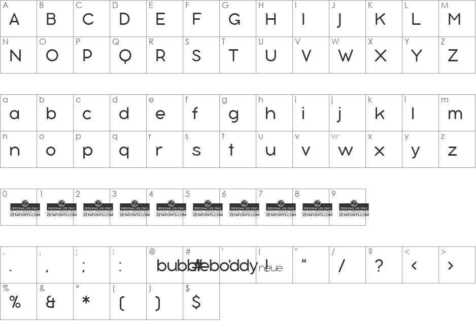 Bubbleboddy Neue Trial font character map preview