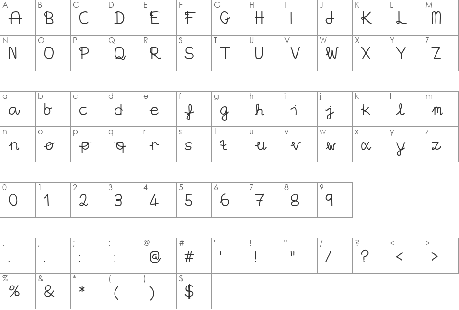 Aaron's Handwriting font character map preview