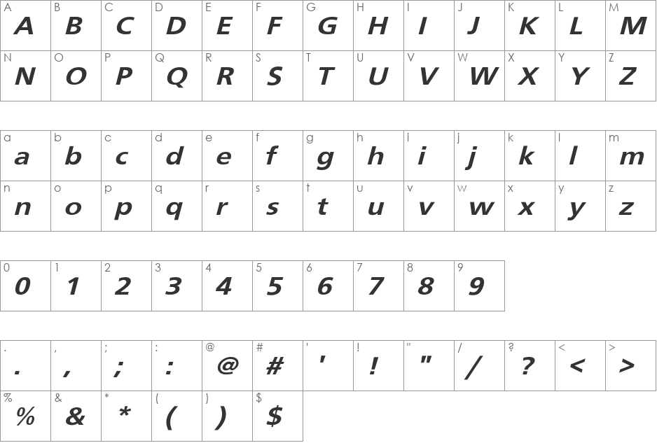 BudboyerExtObl- font character map preview