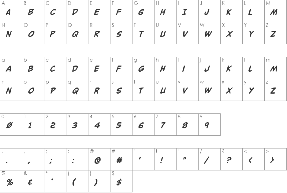 Buddy Champion Italic font character map preview
