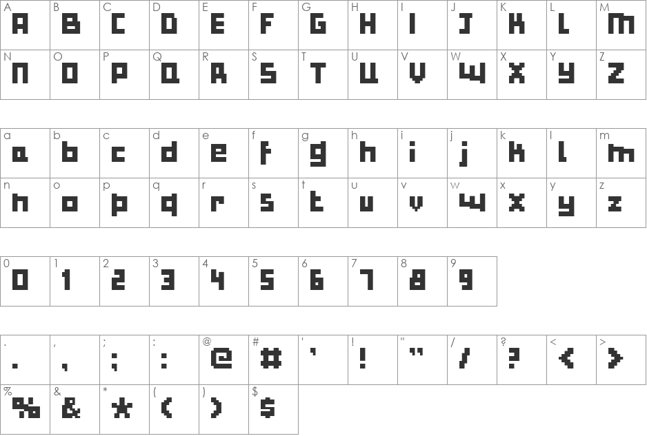 Bulky Pixels font character map preview