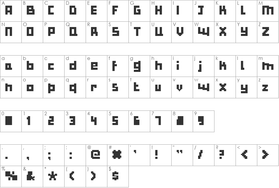 Bulky Pixels font character map preview