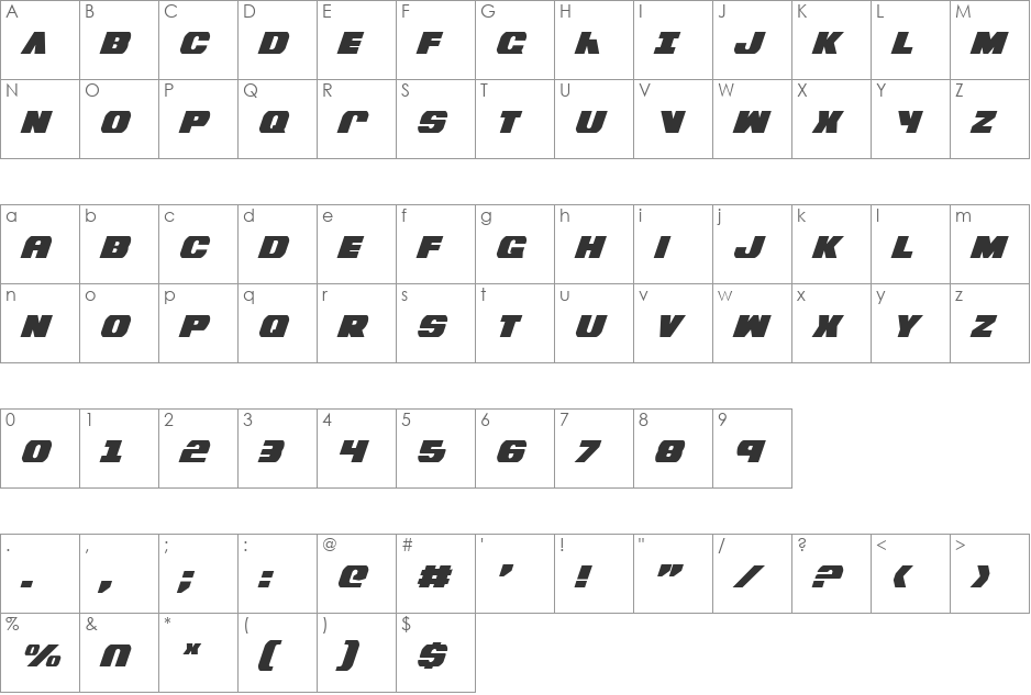 Bummer Condensed Italic font character map preview