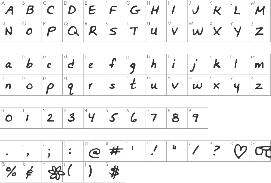 Bunnigrrrls handwriting YOFF font character map preview