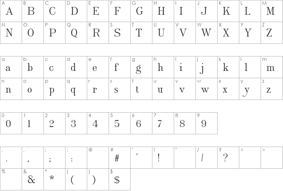 Burin Roman AT font character map preview