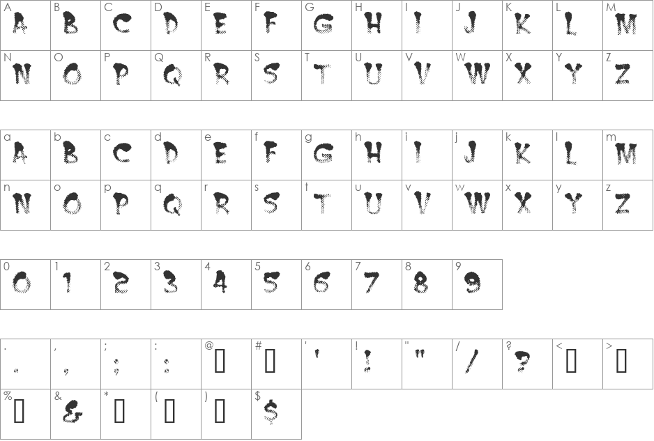 Burnt MF font character map preview