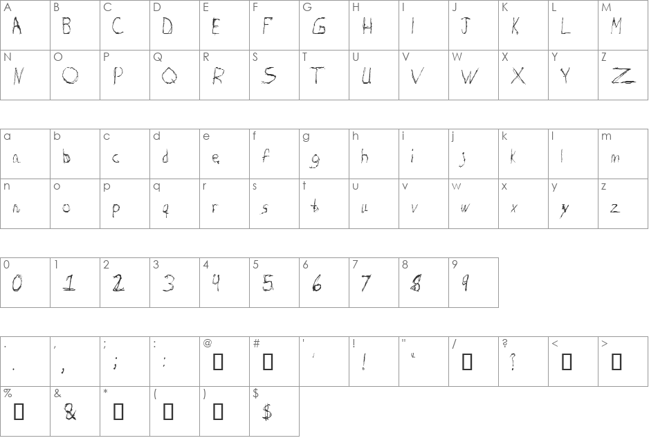 Burton Scratch font character map preview