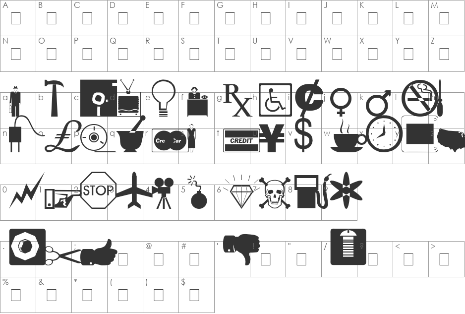 Business/Industrial Dingbats font character map preview