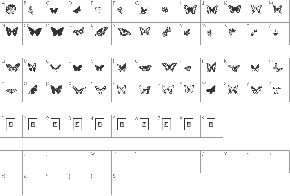 Butterflies by Darrian font character map preview