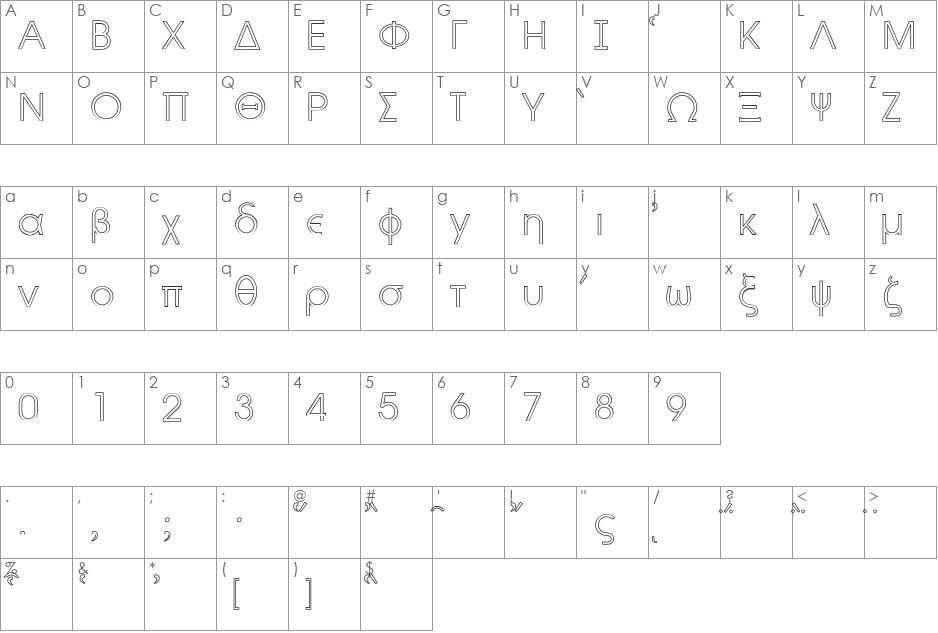 Byzantine Hollow font character map preview