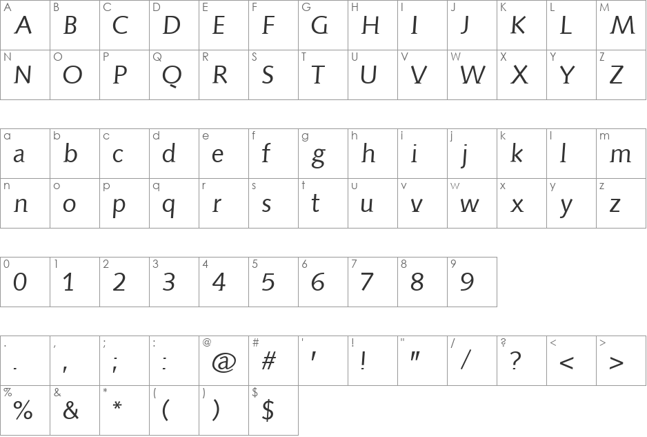 AidaSerif font character map preview