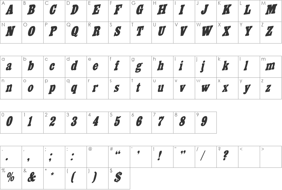 CairoExtendedItalic font character map preview