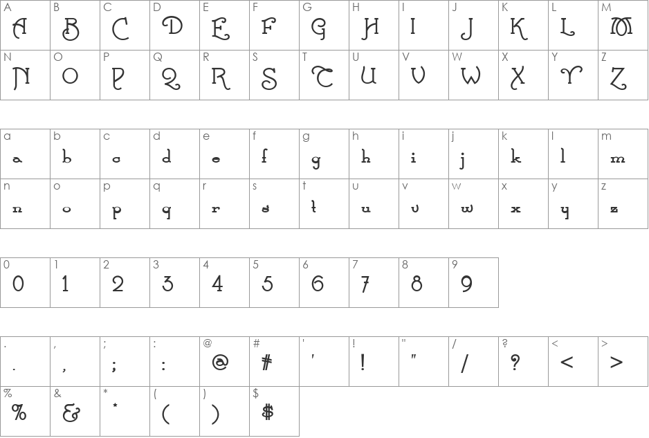 Calamity Jane NF font character map preview