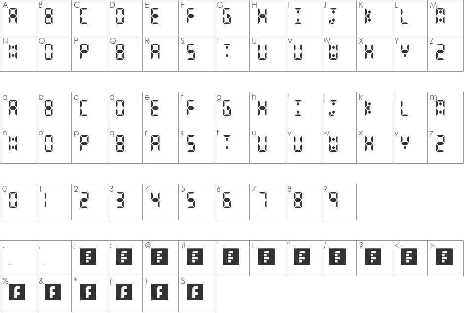 Calculator Digits font character map preview