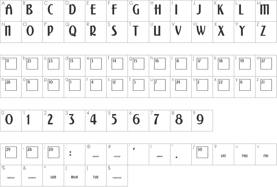 Calendar font character map preview