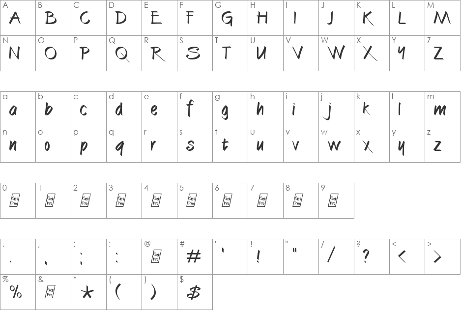 CaliBrush font character map preview
