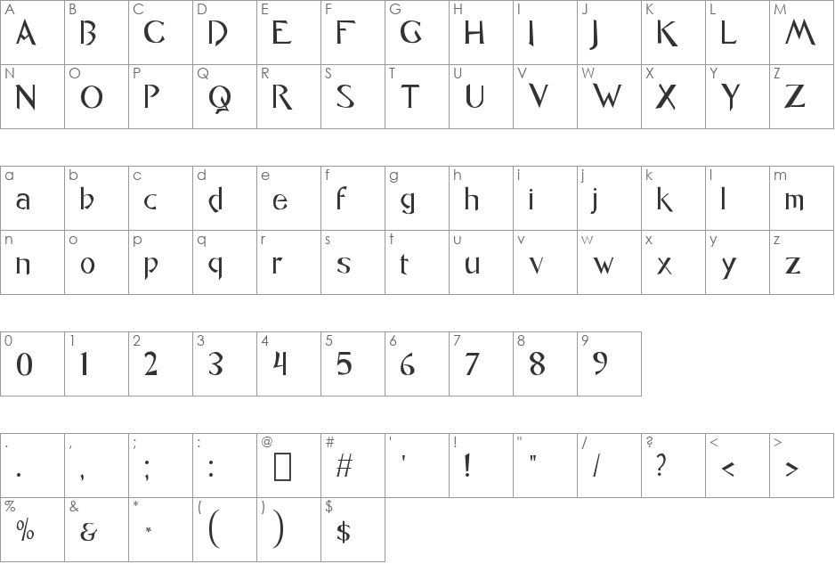Caligo font character map preview