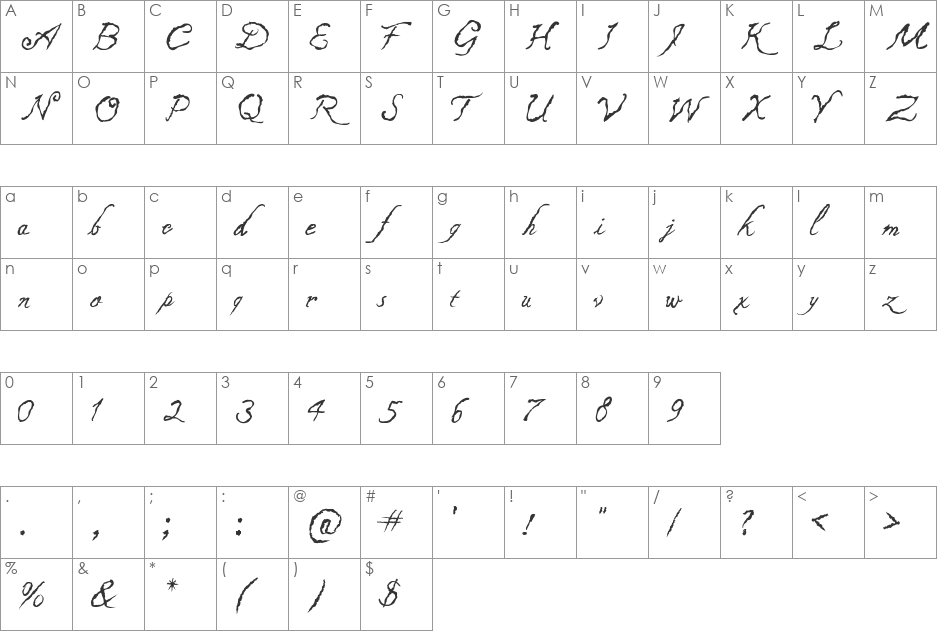 Caligraf 1435 font character map preview