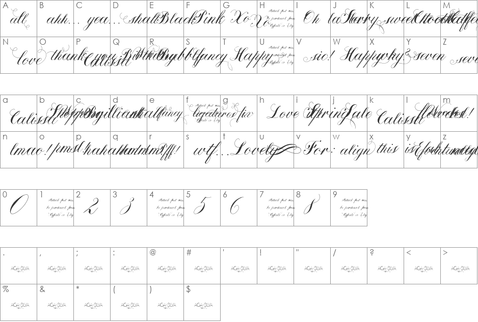 Calissa Words font character map preview