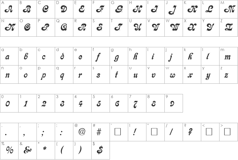 Calligraphia font character map preview