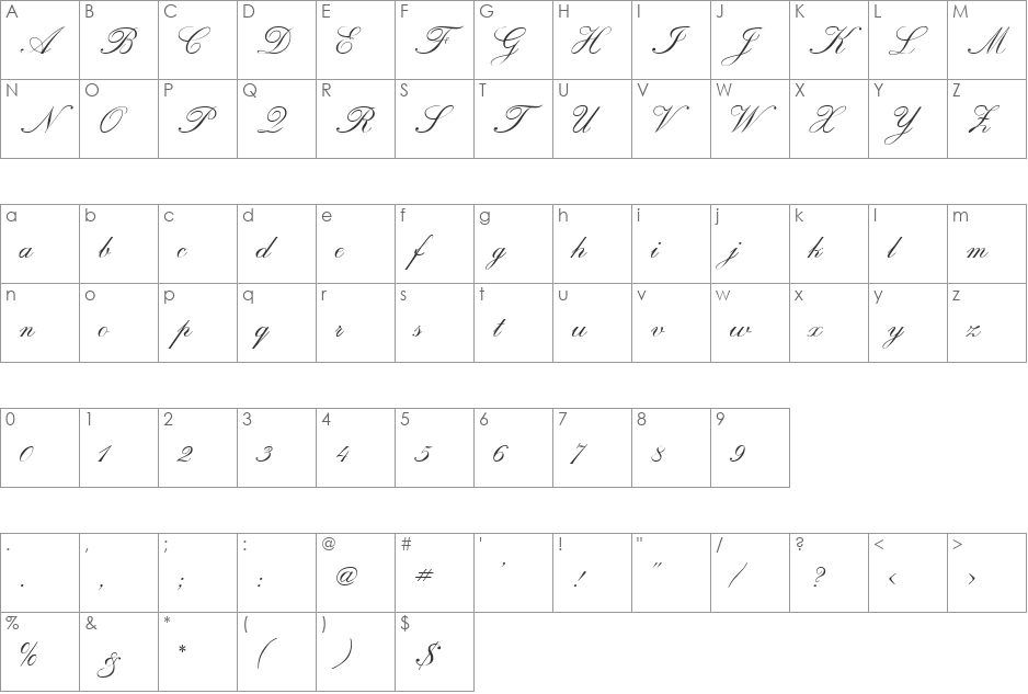 Calligraphia One font character map preview