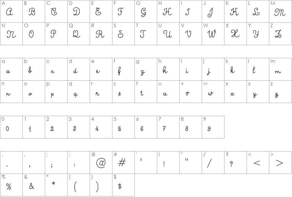 Calligraphy Hand Made font character map preview