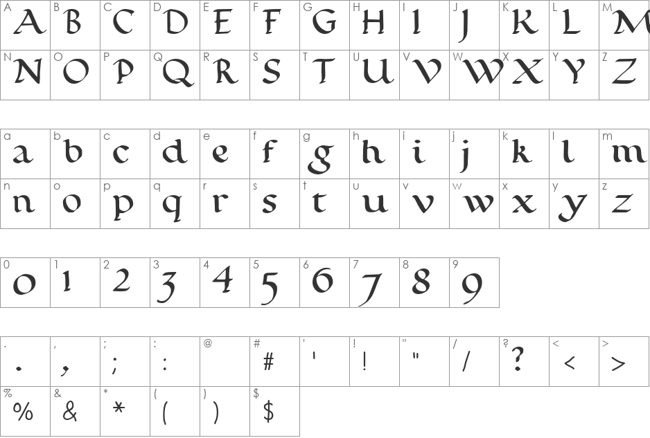 Calligraphy Pen font character map preview