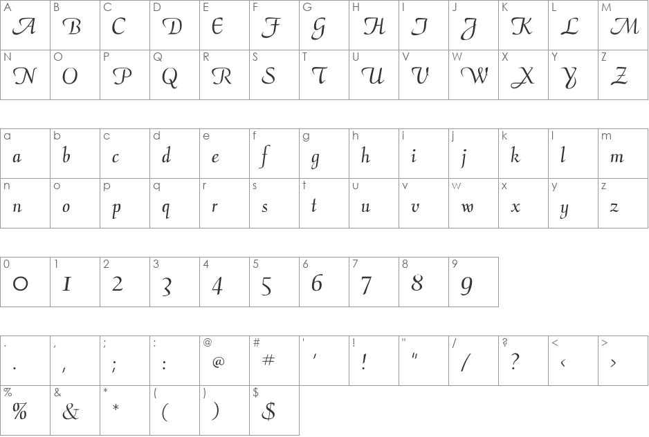 CalligraphyFLF font character map preview