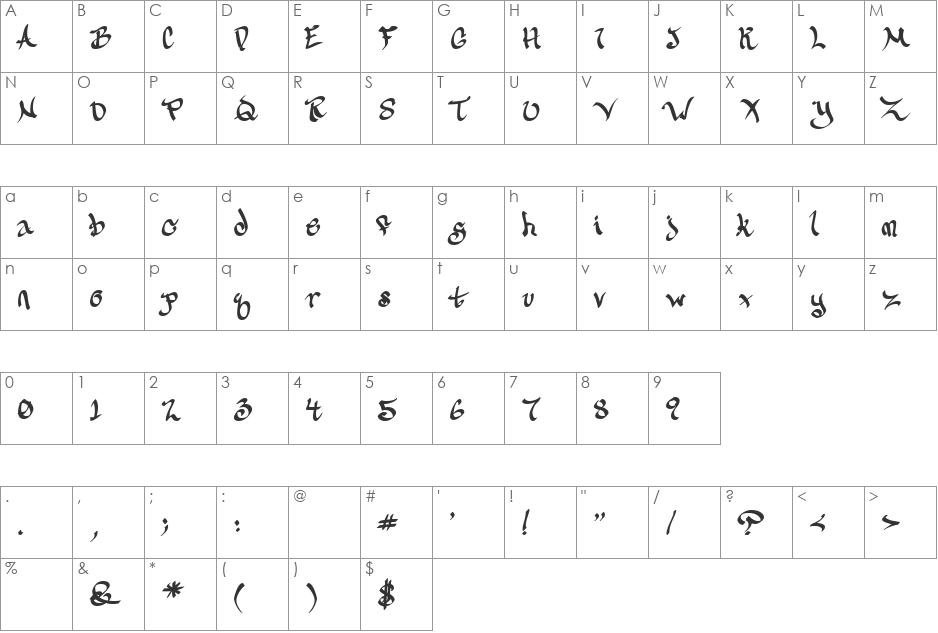 CalliGravity font character map preview