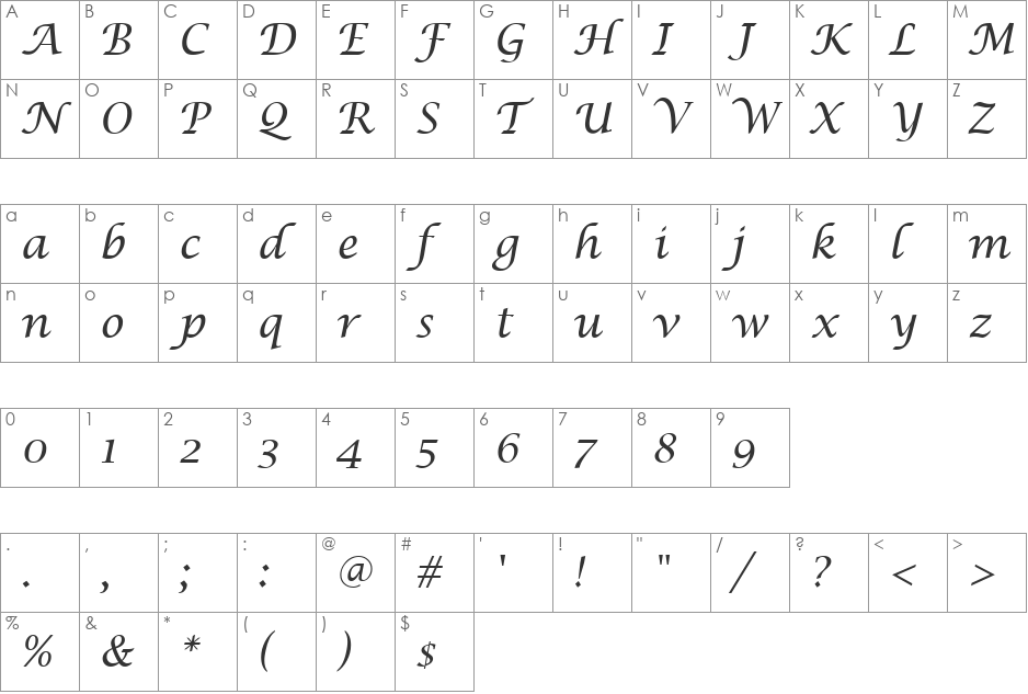 Cally CE font character map preview