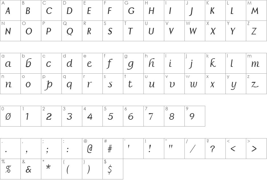 Calypso font character map preview
