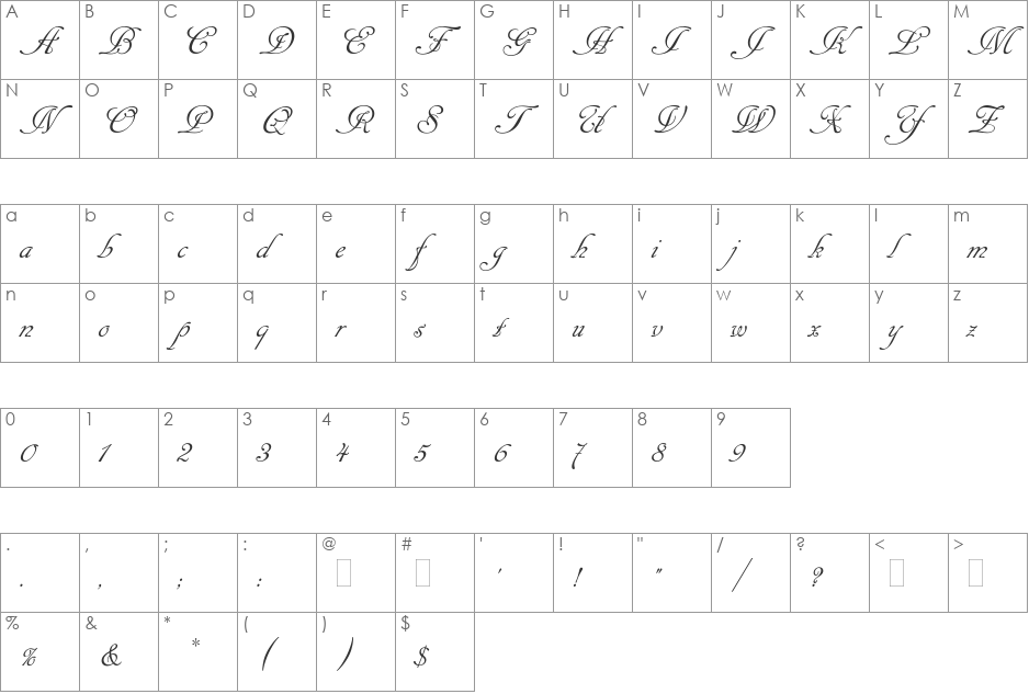 CancellarescaScriptPlain font character map preview